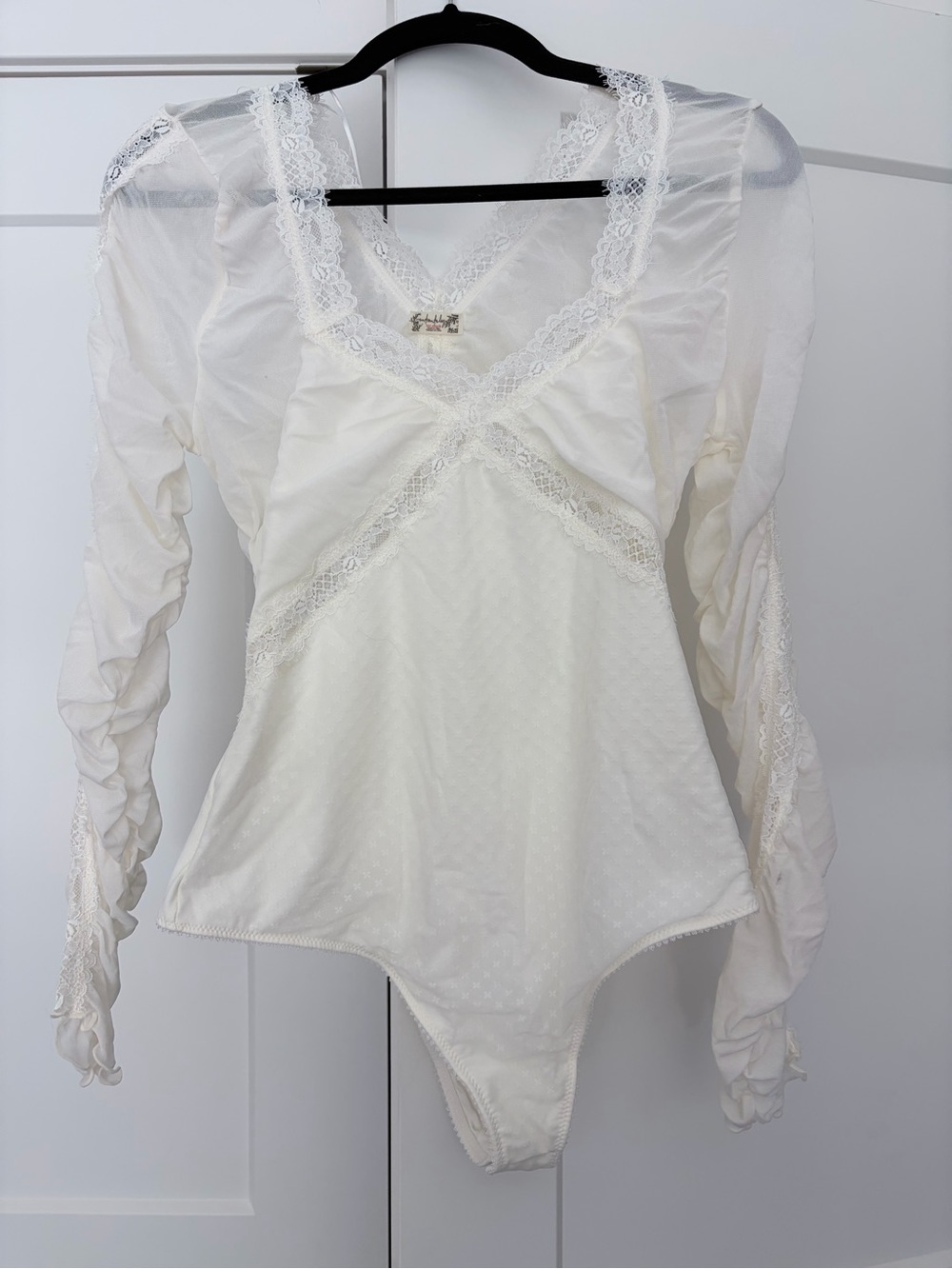 Free People Intimately Lace Trim Ivory Long-Sleeve Bodysuit